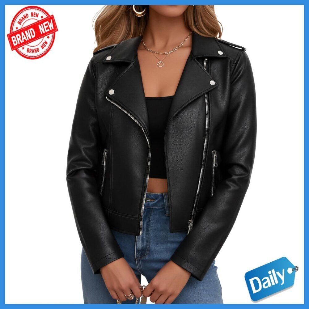 Faux Leather Cropped Moto Jacket, Women's Biker Style, Zip Up